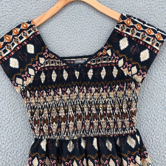 Earthbound Dress Womens Medium Navy Multi Fit & Flare Smocked Bodice Sweetheart - Picture 2 of 11